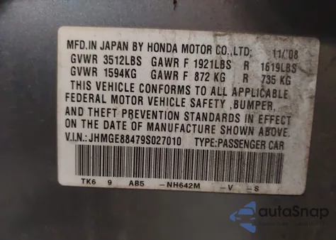 2009 Honda Fit Sport z USA, uszkodzony, nr VIN JHMGE88479S027010